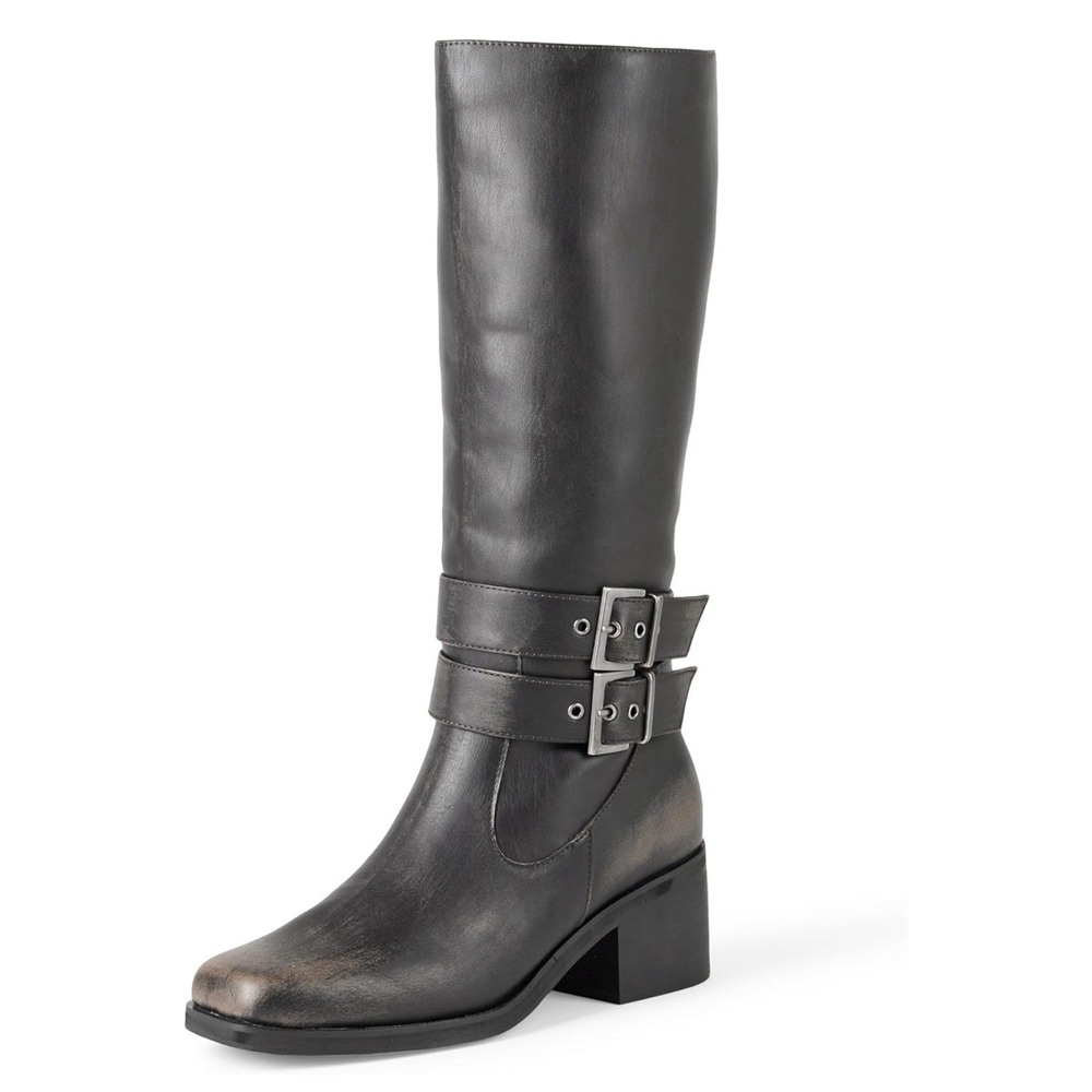 Tall Distress Biker Boot by The Drop with Side Zipper Buckles Size 9 Women New